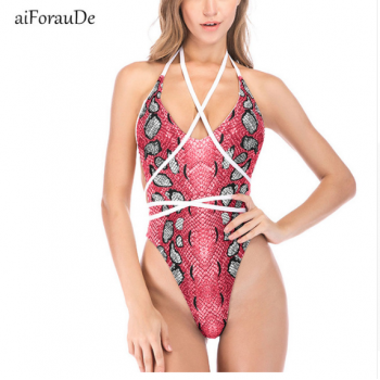 Bandage Snakeskin Print Swimwear Women Summer Bathing Suit Push-Up Padded Swimsuit Backless Monokini 2018 Beach Wear Female
